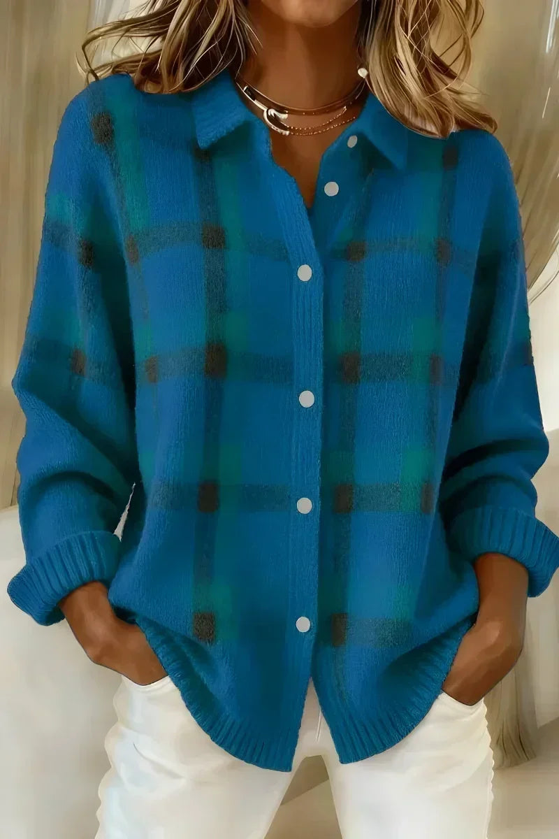 Cardigan à carreaux bleu en tricot brossé, col chemise, boutonnage devant