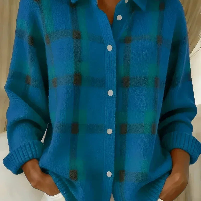 Cardigan à carreaux bleu en tricot brossé, col chemise, boutonnage devant
