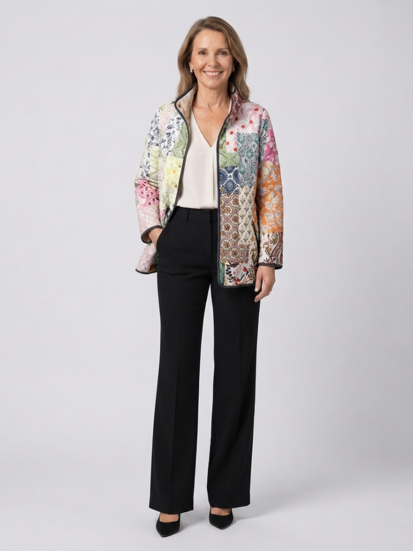 Veste matelassée décontractée multicolore à imprimé floral, fermeture zippée et col