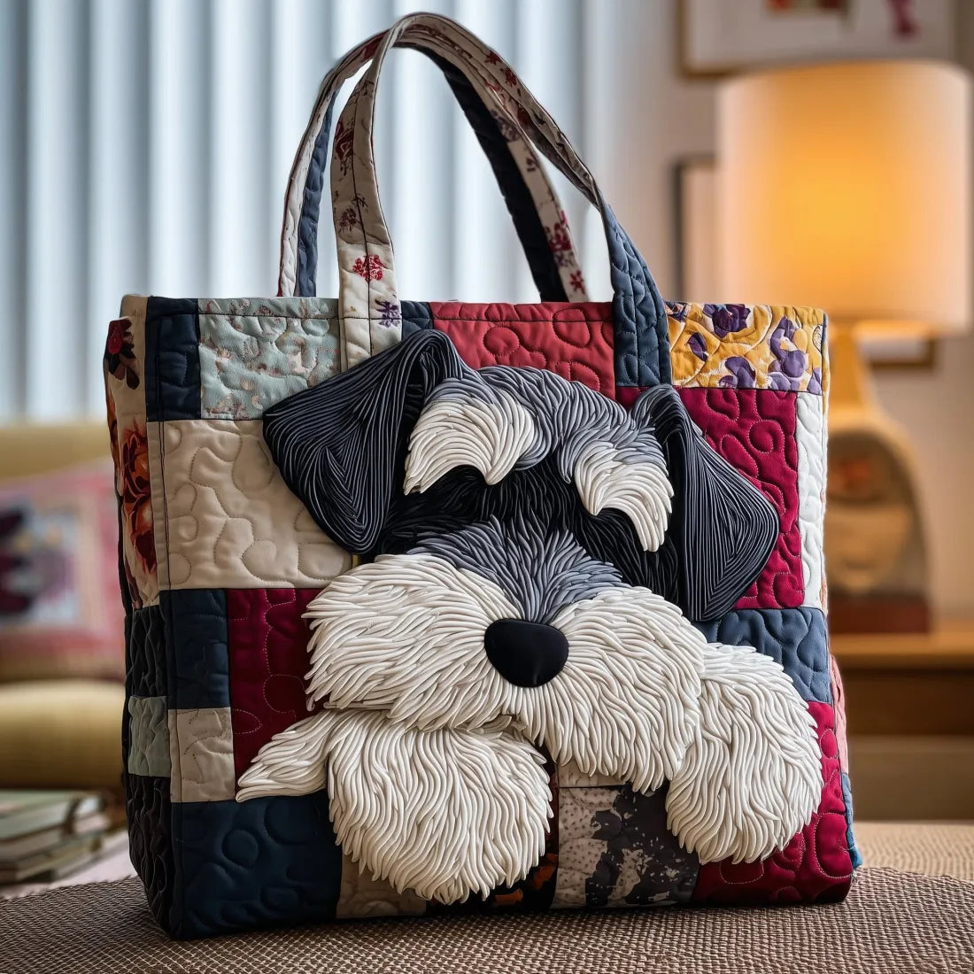 Sac cabas artisanal matelassé avec appliqué de schnauzer noir et blanc, anses