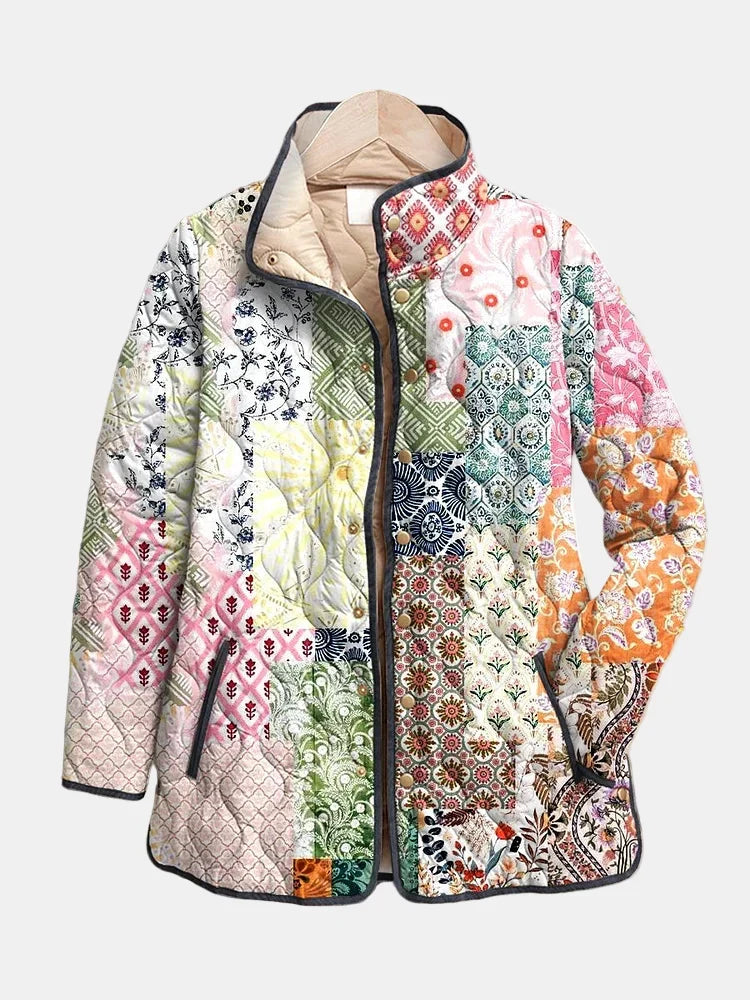 Veste matelassée multicolore à imprimé floral, fermeture zippée, col droit