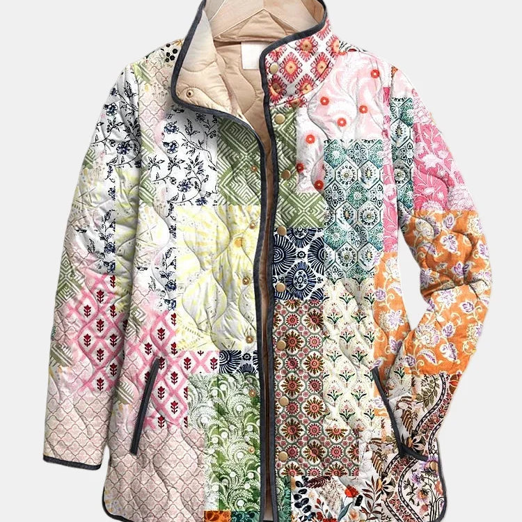 Veste matelassée multicolore à imprimé floral, fermeture zippée, col droit