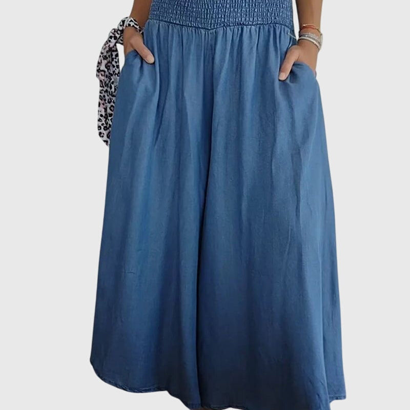 Pantalon ample long bleu à taille élastique, tombé léger et jambe droite.