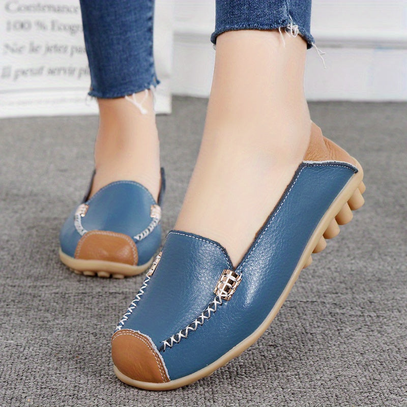 Mocassins à boucle Bérénice bleus, coutures contrastées et semelle claire