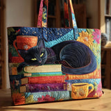 Sac fourre-tout artisanal coloré avec chat noir, livres et tasses, anses noires