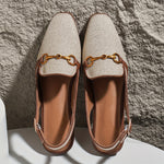 Mocassins Quitterie en tissu beige texturé, brides marron foncé, boucle dorée