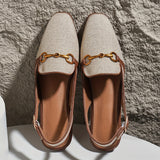 Mocassins Quitterie en tissu beige texturé, brides marron foncé, boucle dorée