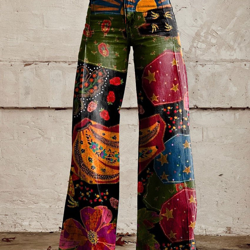 Pantalon ample à jambe évasée, patchwork multicolore à motifs festifs