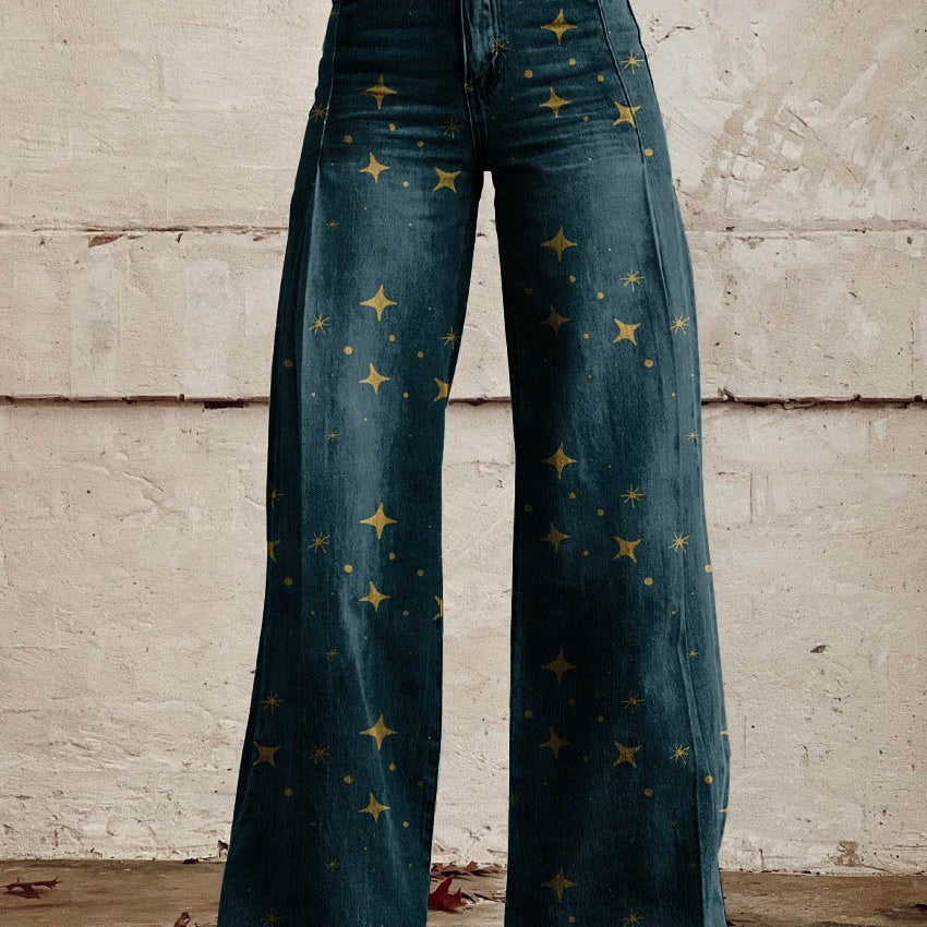 Pantalon denim évasé bleu foncé à motif étoiles jaune, taille boutonnée et poches