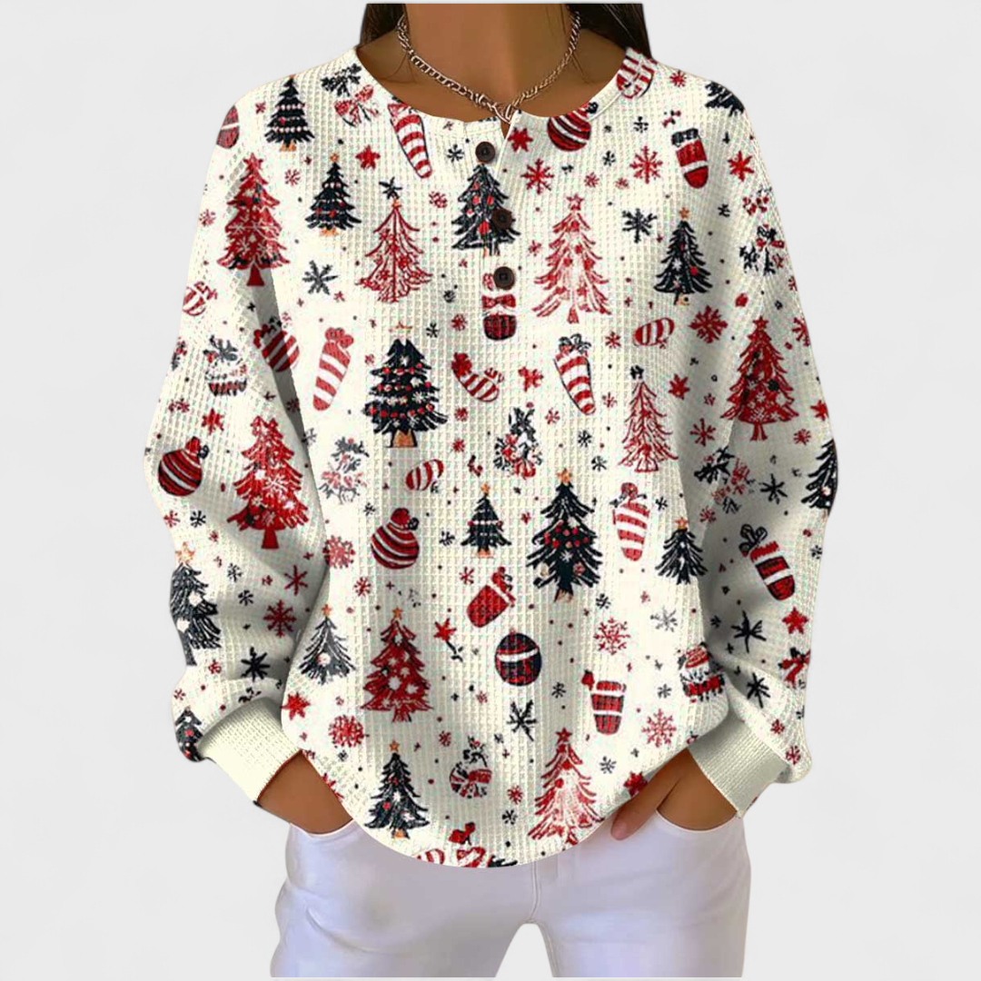 Pull crème à manches longues, col rond avec boutons, motifs de Noël rouges et verts