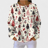 Pull crème à manches longues, col rond avec boutons, motifs de Noël rouges et verts