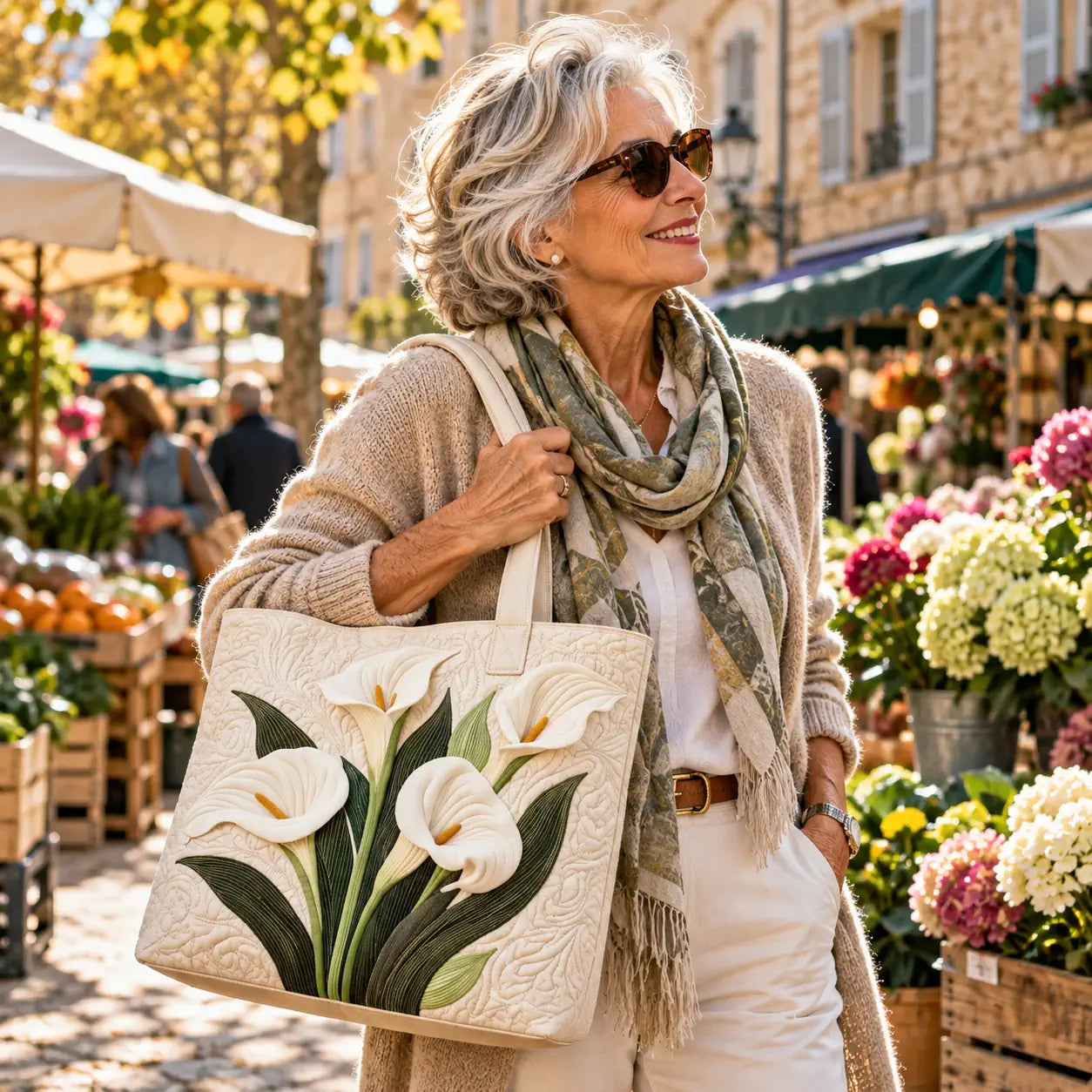 Grand sac matelassé beige orné de fleurs de lys blanc et vert, anses et bandoulière