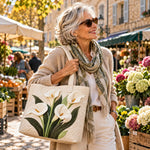 Grand sac matelassé beige orné de fleurs de lys blanc et vert, anses et bandoulière