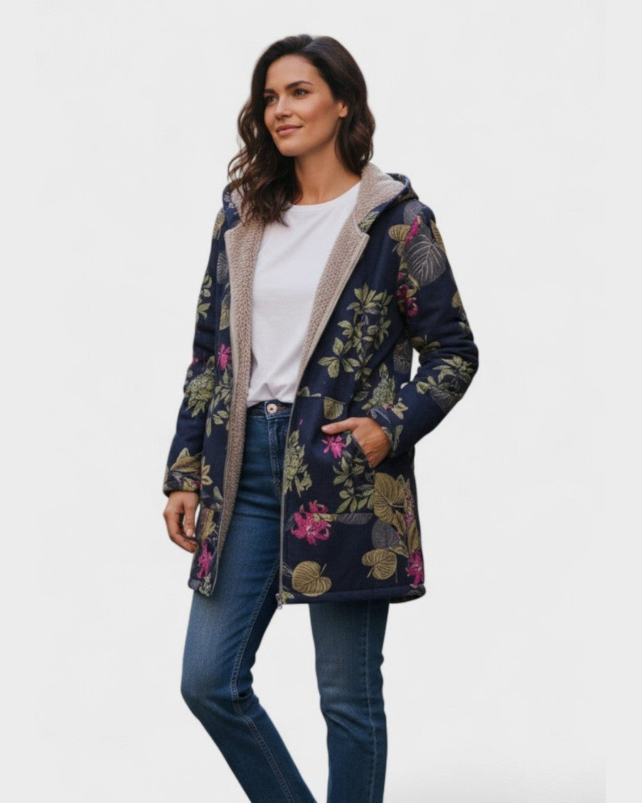 Manteau long bleu marine à capuche, motif floral multicolore et poches
