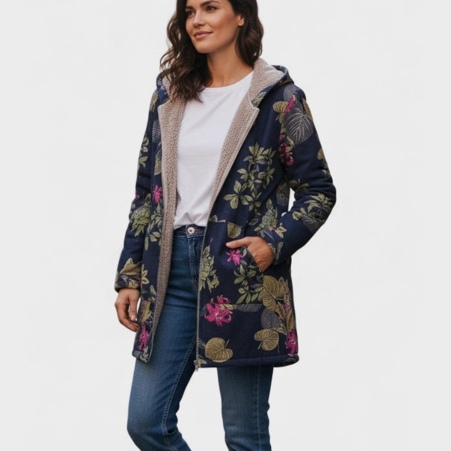 Manteau long bleu marine à capuche, motif floral multicolore et poches