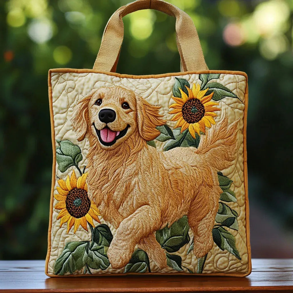Sac en tissu matelassé avec motif de golden retriever et tournesols, anses en tissu.
