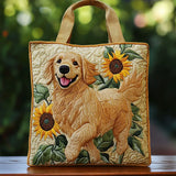 Sac en tissu matelassé avec motif de golden retriever et tournesols, anses en tissu.