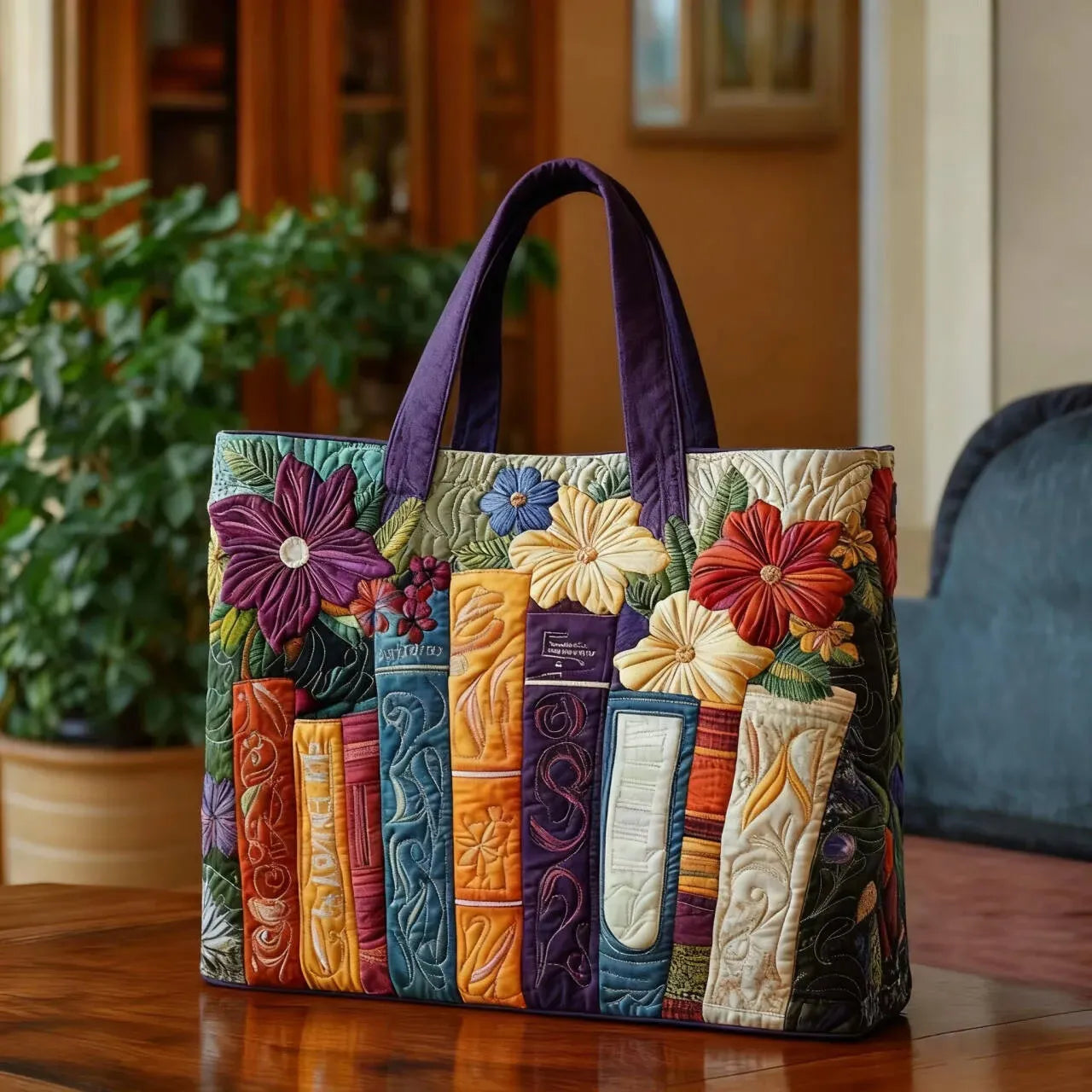 Grand sac matelassé patchwork multicolore avec fleurs et anses violettes
