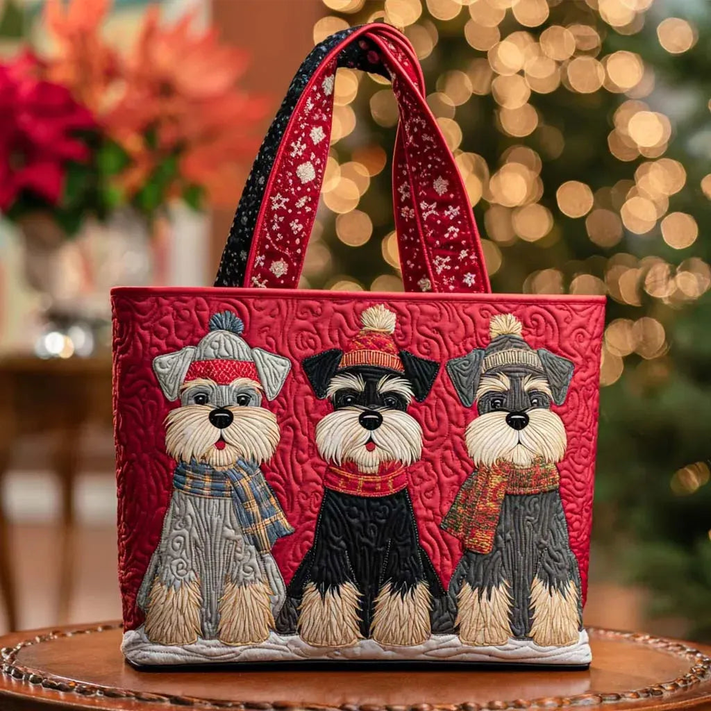 Sac rouge brodé de trois schnauzers, anses rouges, motif devant.