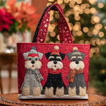 Sac rouge brodé de trois schnauzers, anses rouges, motif devant.