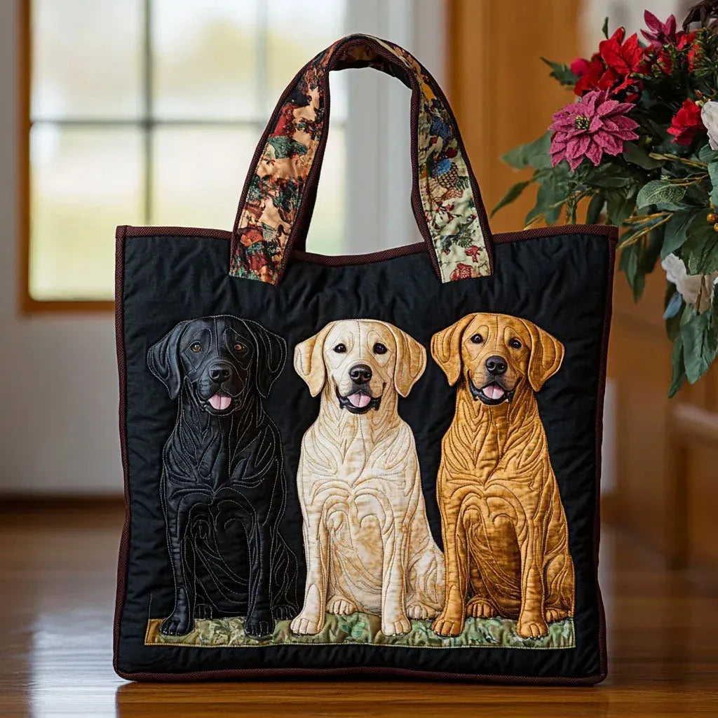 Sac à main artisanal noir avec motif de trois labradors et poignées tissu fleuri