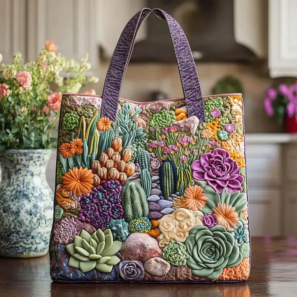 Sac artisanal à anses, motif jardin de succulentes brodé coloré.