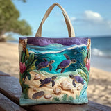 Fourre-tout en tissu beige, broderies de tortues de mer et coquillages