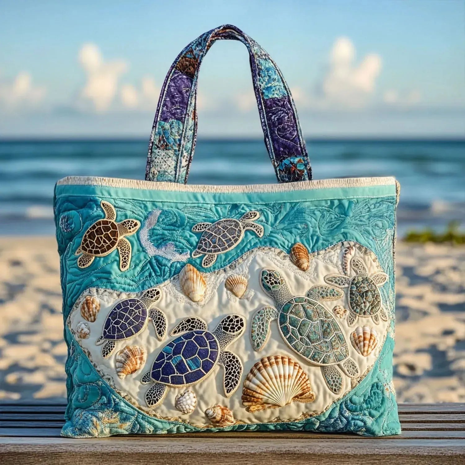 Sac en tissu turquoise et blanc, décor tortues marines et coquillages, anses multicolores