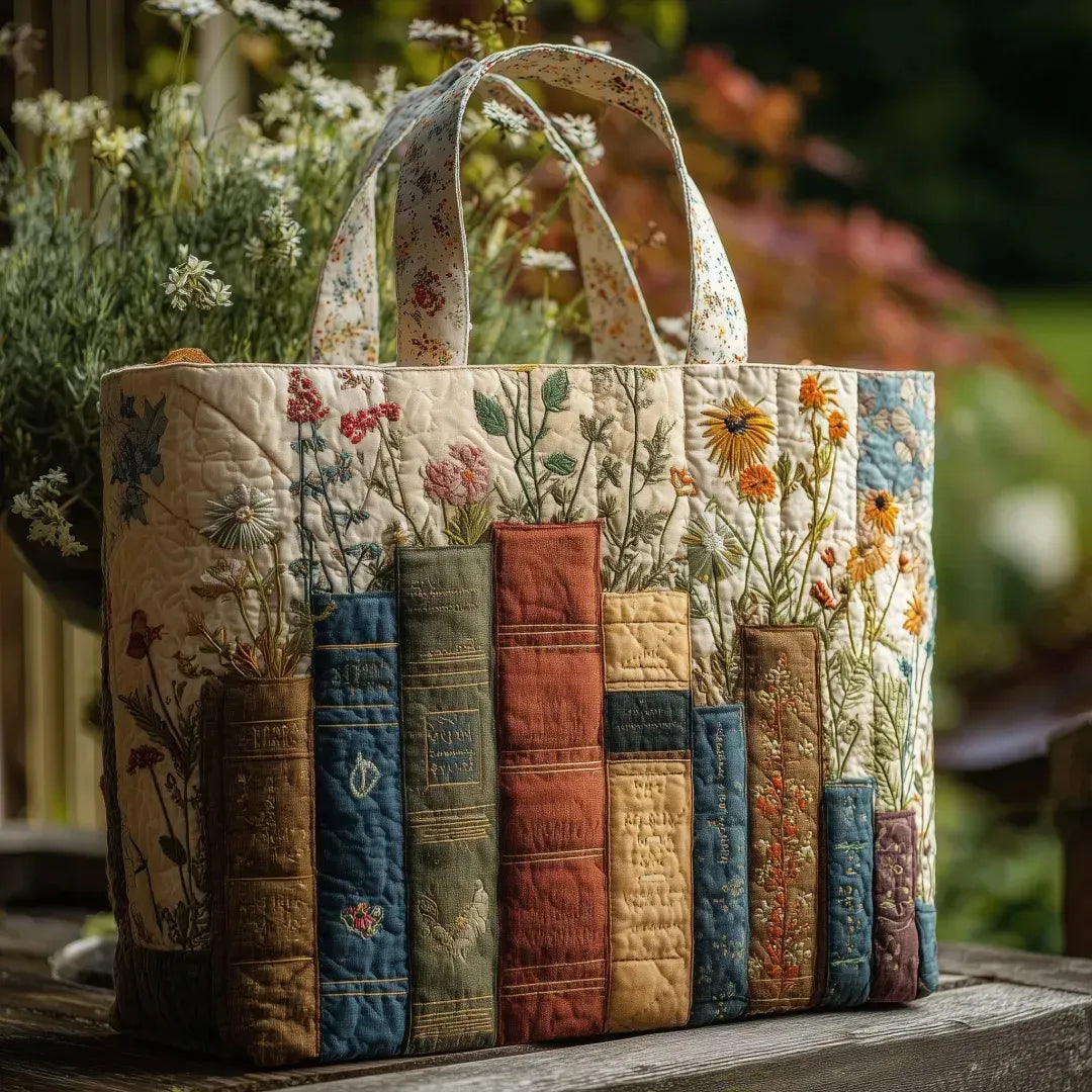 Sac cabas matelassé en patchwork à fleurs, anses longues, face avec carrés colorés.