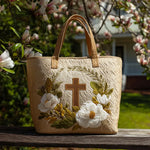 Sac cabas artisanal beige, anses en cuir marron, broderie relief croix et fleurs blanches