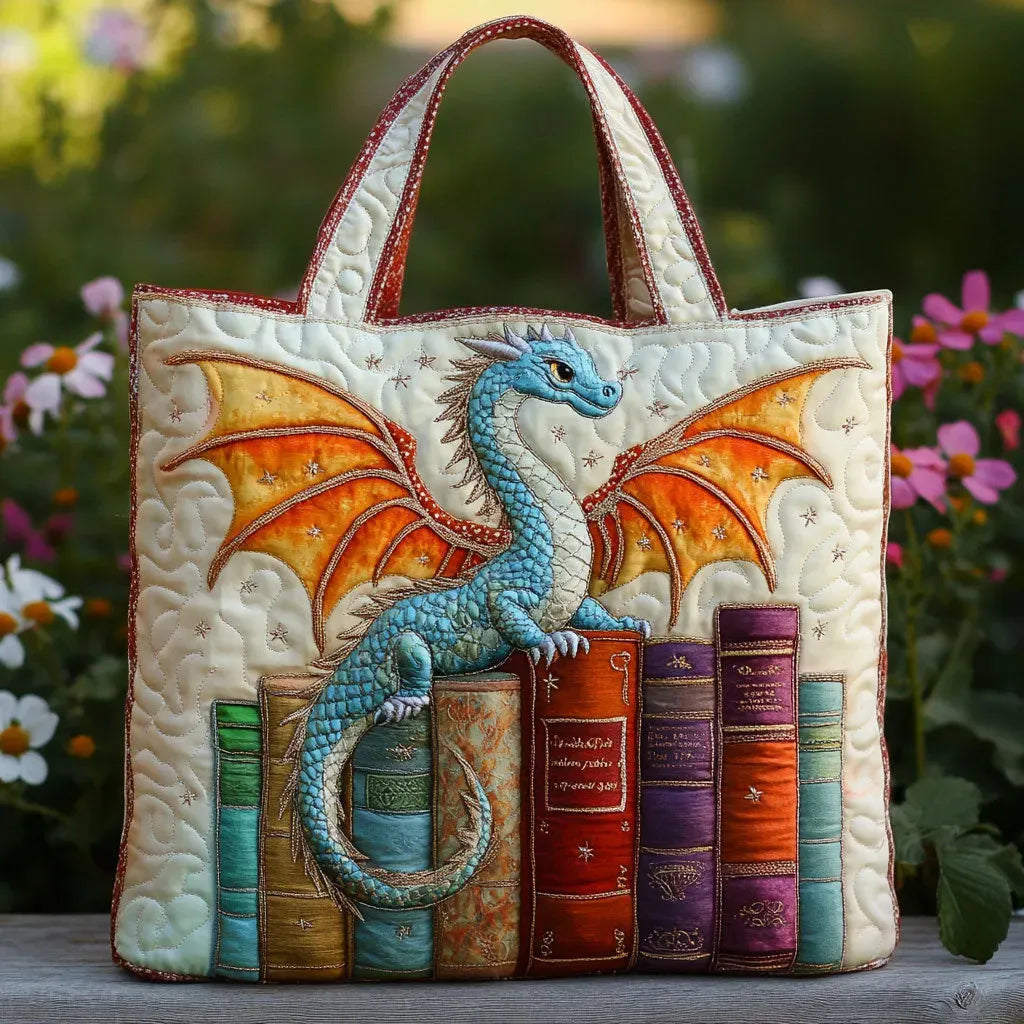 Sac matelassé crème avec broderie de dragon bleu et étagère de livres, anses bordeaux