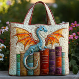 Sac matelassé crème avec broderie de dragon bleu et étagère de livres, anses bordeaux