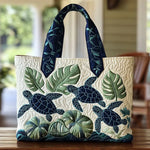 Sac cabas artisanal matelassé blanc, motif tortues de mer bleu et feuilles vertes