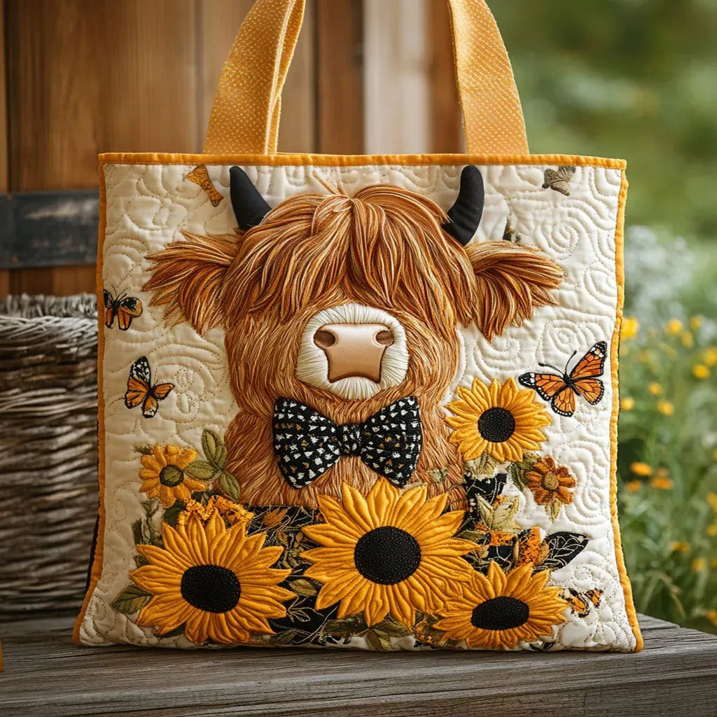 Sac matelassé crème avec appliqué vache rousse, nœud noir et tournesols jaunes