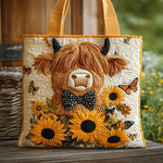 Sac matelassé crème avec appliqué vache rousse, nœud noir et tournesols jaunes