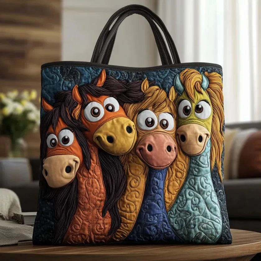 Sac en tissu artisanal avec faces de poneys ludiques et anses noires.