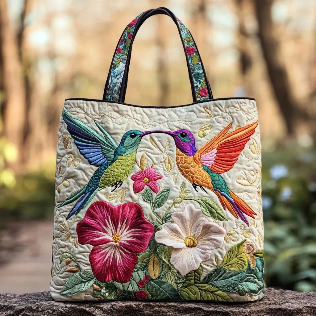 Sac matelassé crème avec hirondelles multicolores et fleurs brodées, anses noires.