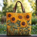 Sac cabas matelassé motif tournesols jaunes et feuilles vertes, anses longues