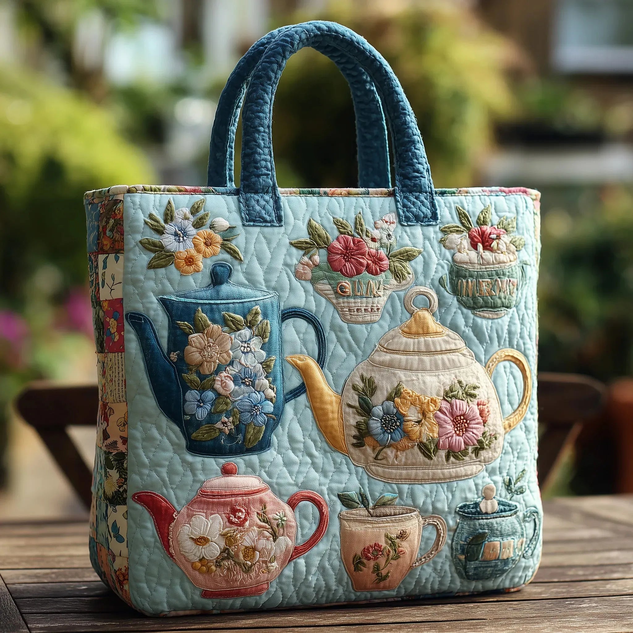 Sac matelassé bleu clair à motifs floraux, anses et théières décoratives.