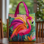Sac matelassé multicolore avec flamant rose et anses fuchsia, motif floral brodé