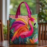 Sac matelassé multicolore avec flamant rose et anses fuchsia, motif floral brodé