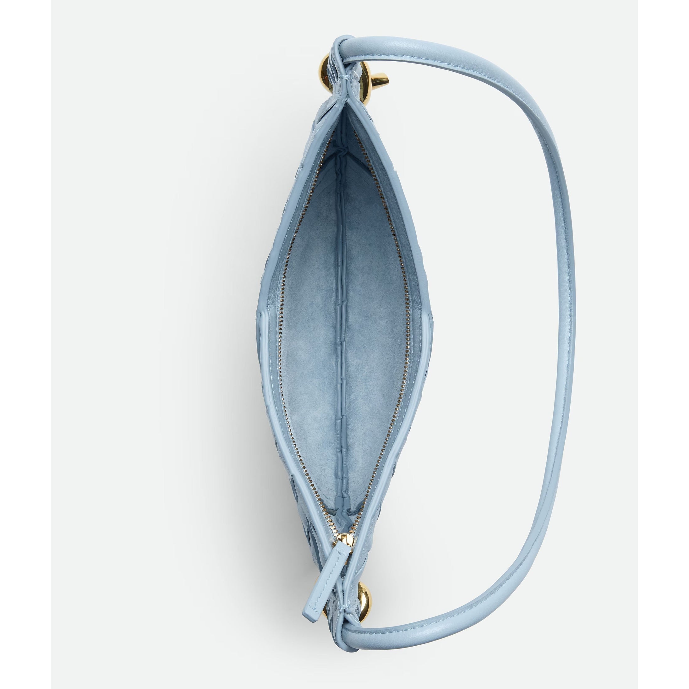 Sac Adèle Elysium bleu ciel tressé, vue intérieure, doublure bleue et fermeture zippée