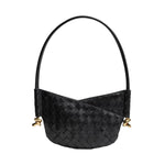 Sac Adèle Elysium noir tressé, anse ronde, attaches dorées et forme demi-lune