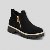 Bottines noires suédées à double zip doré et semelle crantée, talon bloc.