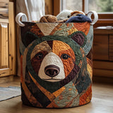 Panier à linge en tissu patchwork, motifs d’ours et anses blanches