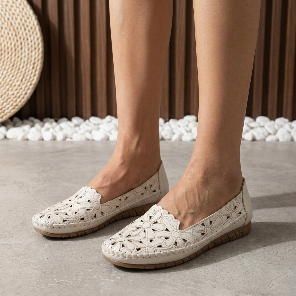 Ballerines Clémence blanches ajourées à motifs floraux, semelle contrastée