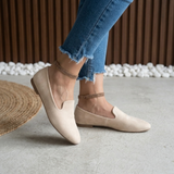 Mocassins souples en daim beige, bout pointu, petit talon bloc