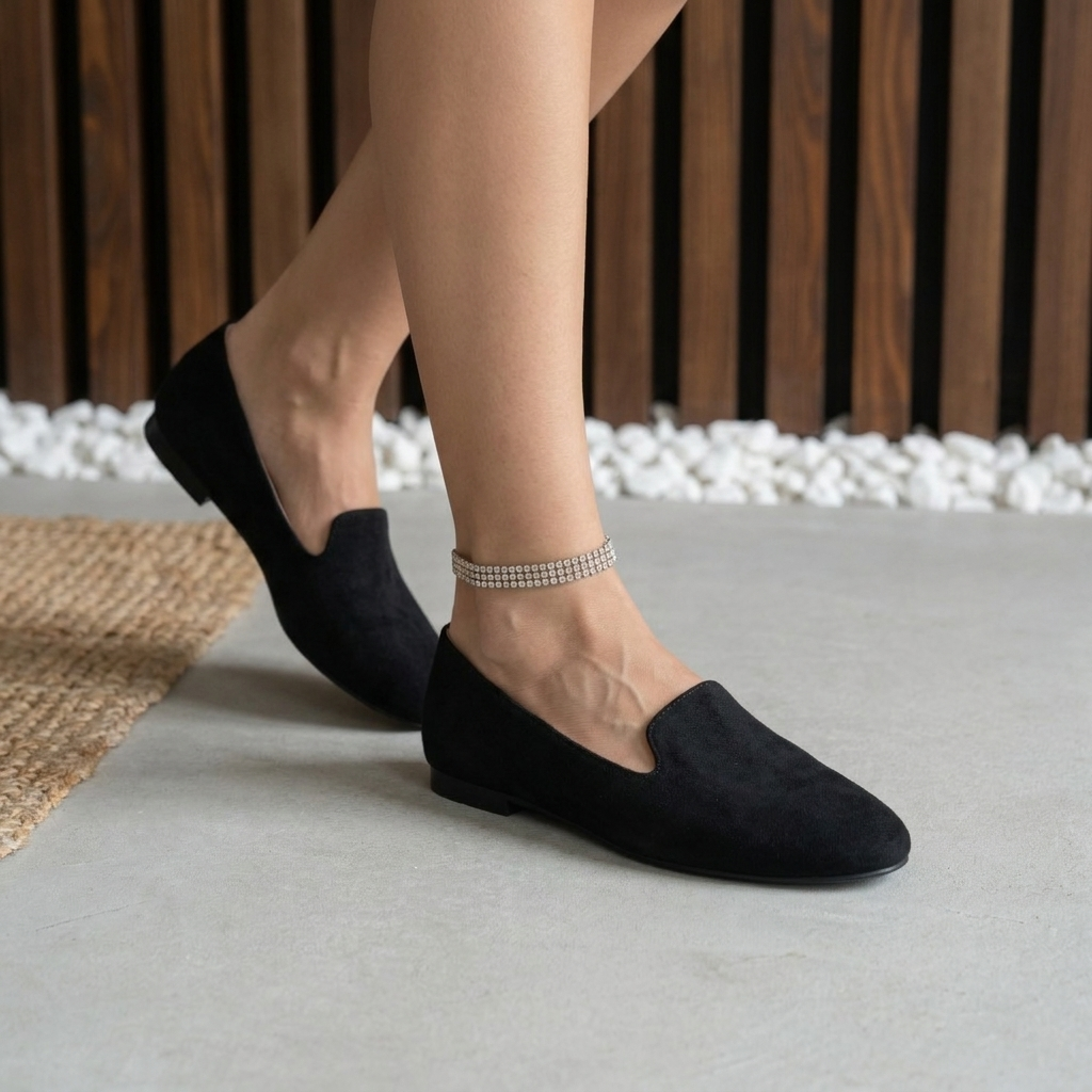 Mocassins souples en daim noir, bout pointu, petit talon bloc