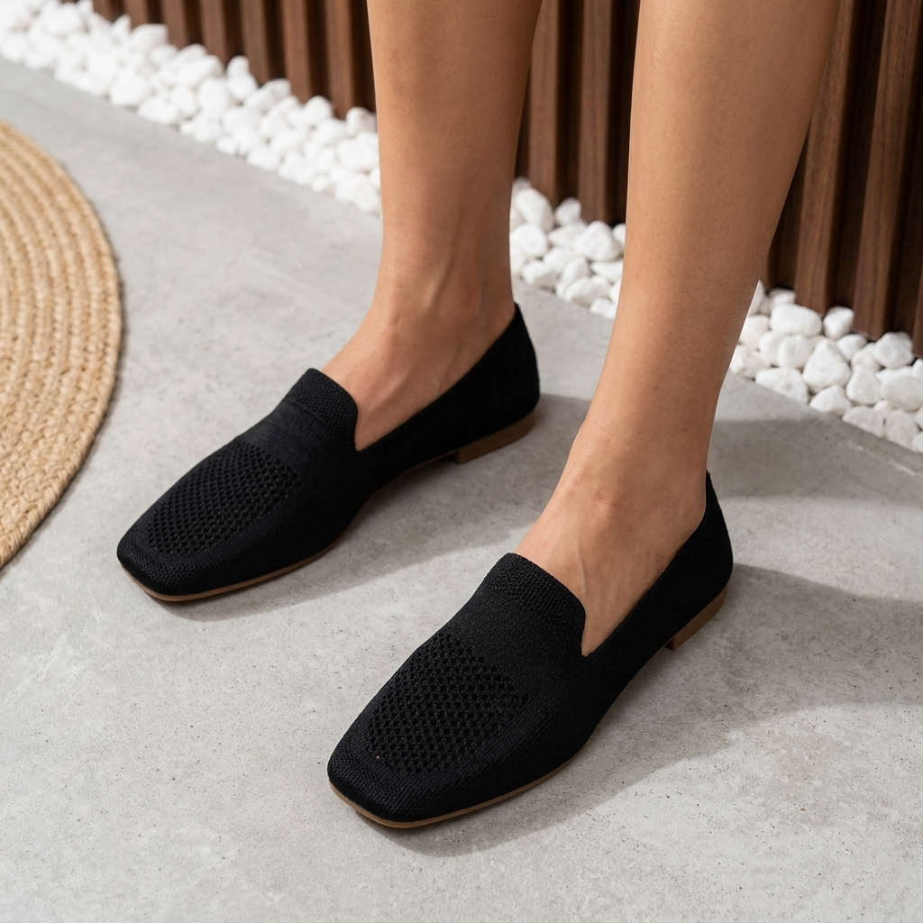 Mocassins en maille Maïwenn noirs, empiècements texturés, semelle plate