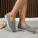 Mocassins souples à enfiler en tissu gris foncé, bride à boucle dorée
